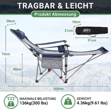 Кемпінговий стілець-шезлонг Wejoy 2-в-1, розкладний, з регульованою спинкою та підставкою для ніг, підсклянником, для відпочинку на пляжі, риболовлі, кемпінгу (Navy/Grey)