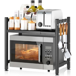 Розширювана підставка для мікрохвильової печі на 2 яруси з 4 гачками, чорна