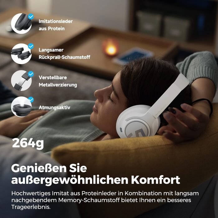 SoundPEATS Space навушники Bluetooth Over-Ear з гібридним ANC, ENC-мікрофоном, 40мм драйвером, 5.3, 123 години, білий (чорний)