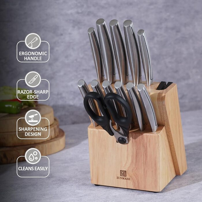 Набір ножів у блоці 13 предметів з нержавіючої сталі з ергономічними ручками, набір кухонних ножів для кухні, дерев'яний блок з шкіряним ремінцем (чорний та срібний)
