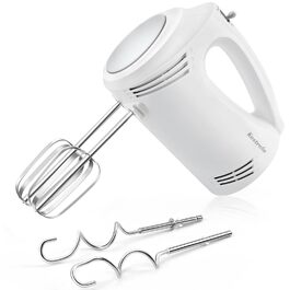 Ручний міксер 350 Вт, 5 швидкостей, з нержавіючої сталі (віночок та гак), ергономічна ручка, довгий кабель, BPA-free – білий KS1 S1
