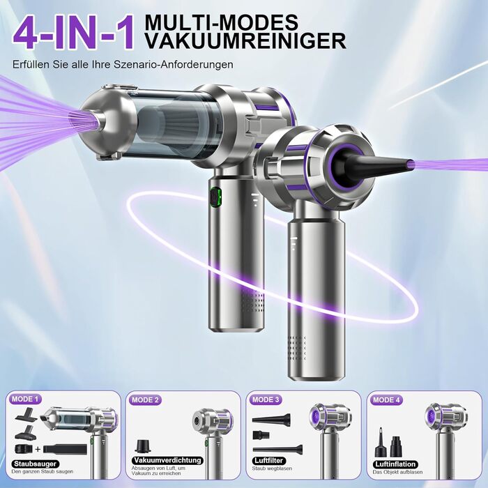 Бездротовий ручний пилосос RABIGALA 4-в-1, 25000PA, акумуляторний, для автомобіля та дому, електропілювач, фіолетовий