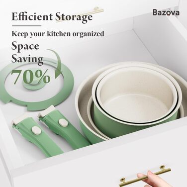 Набір посуду з кераміки 17 предметів: каструлі та сковорідки, безпечний, без ПФОА/ПФУ, для індукційних плит, знімні ручки, стійкий до подряпин та забруднень, придатний для миття в посудомийній машині та використання в духовці (зелений)
