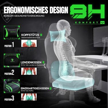 Ігровий крісло Dowinx з підігрівом, масажем, подушкою для попереку, підставкою для ніг та кишеньковою подушкою. Зелений крісло для геймерів, PC крісло для дорослих