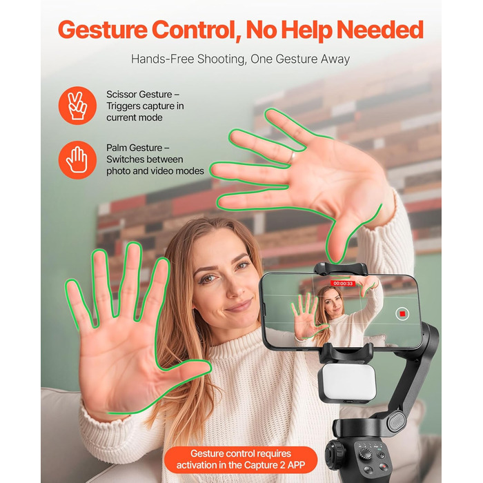 Стабілізатор Gimbal для смартфона VEVOR, 3-осьова стабілізація, трекінг облич/об'єктів, штатив, портативний та складаний, для відеозйомки, DC 3.5–4.2V (вбудована світлодіодна лампа, керування через додаток)