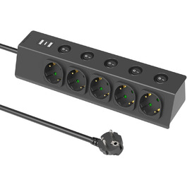 Багаторозкладна мережева розетка з USB, 5-портова, з індивідуальними вимикачами, для кухні, зі сталевою передньою панеллю, кабель 2м