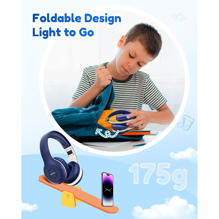 Бездротові навушники EarFun для дітей Bluetooth, регулювання гучності 85/94 дБ, Hi-Fi звук, HD-мікрофон, 40 годин роботи акумулятора, складні, регульовані, для школи/подорожей, блакитний