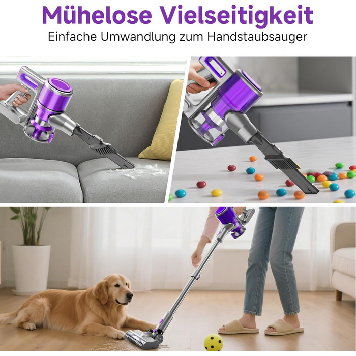 Бездротовий акумуляторний пилосос 35KPA/45Mins з LED-підсвічуванням, HEPA-фільтром та насадкою для підлоги, для тварин, килимів та твердих поверхонь, фіолетовий