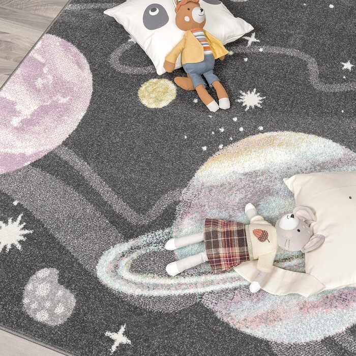 Paco Home Children's Rug, Children's Room, Boy, Girl, Modern, Space, Planets, Stars, Soft, Anthracite, Multicolored, Size: 160x220 cm, 160 x 220 cm (Rectangular)