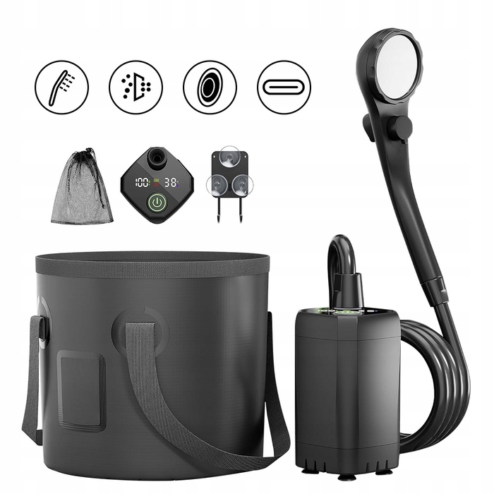 Кемпінговий душ 20Л з помпою, акумулятор 6000мАг, зарядка USB-C, шланг 2м