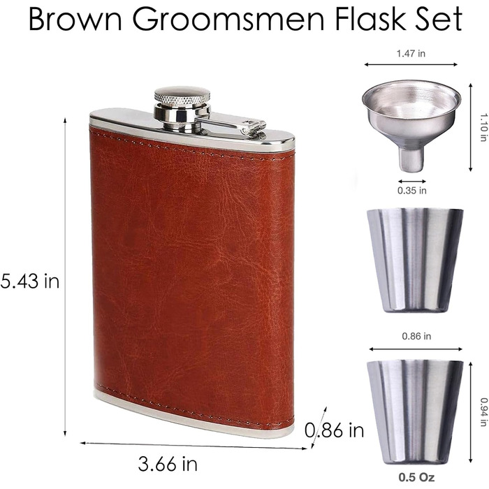 Фляга шкіряна 8oz Braun для чоловіків та жінок, комплект з воронкою та 2 склянками, шкіряний чохол, для віскі/водки, ідеально для подорожей та подарунків