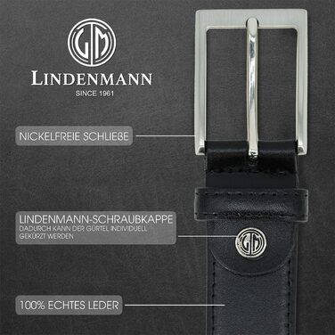 Чоловічий шкіряний ремінь Lindenmann, ширина 35 мм, чорний, повноецінний, розмір 110 см, довжина 125 см, W 43.3 XL