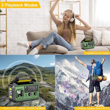 Радіо Kurbelradio на сонячній батареї 27000mAh з Bluetooth, FM/AM, SOS-сигналом, ліхтариком та компасом для кемпінгу та надзвичайних ситуацій (армійсько-зелене)