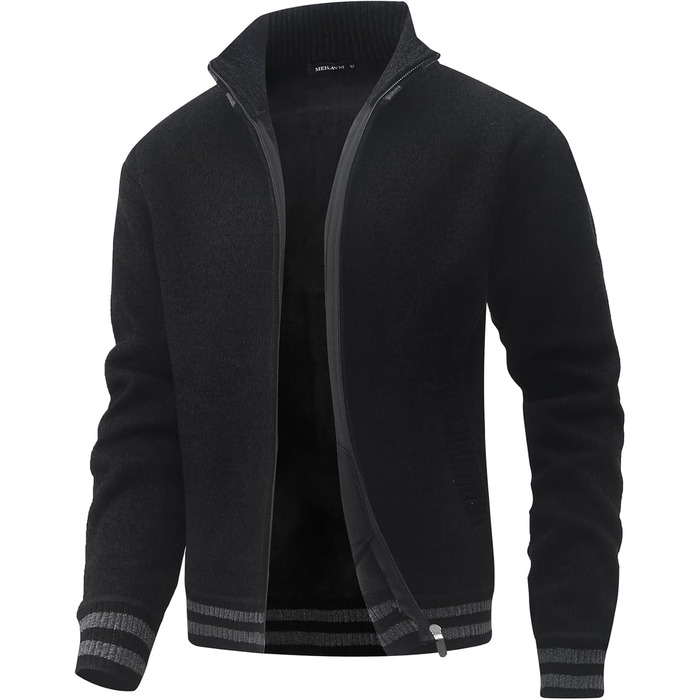 Чоловіча в'язана жилетка з кишенями, стійким коміром, флісовою підкладкою, кардиган, повсякденний зимовий одяг, в'язана куртка з блискавкою, теплий зимовий верхній одяг, чорний, L