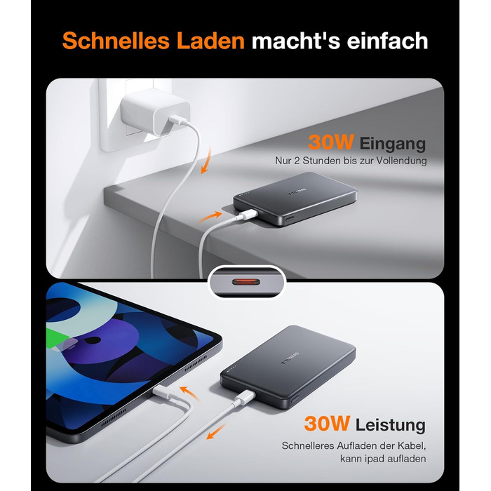Портативний зарядний пристрій TORRAS MiniMag Qi2 з MagSafe, 10000mAh, сертифікований Qi2, магнітний, з кабелем USB-C 30W, бездротовий зарядний пристрій 15W для iPhone 17 Pro Max/Air/12-16, AirPods, сірий, титан