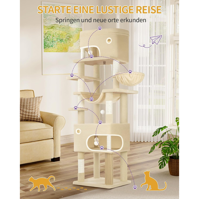 Драбина-кіготь для котів Hzuaneri, 203 см, з великою платформою, 2 печери, 7 кігтеточок, помпони, лежанки, гамак, для всіх порід котів, бежевий MS20318YL XXL (60 x 50 x 203 см)