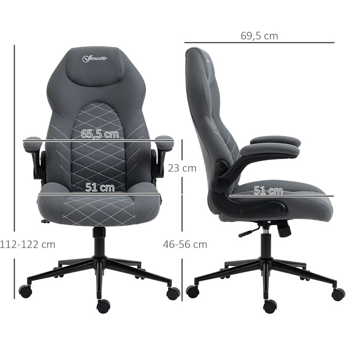 Крісло офісне Vinsetto, ергономічне, комп'ютерне з регульованими підлокітниками та функцією гойдання, м'яке крісло, мікрофібра, темно-сіре