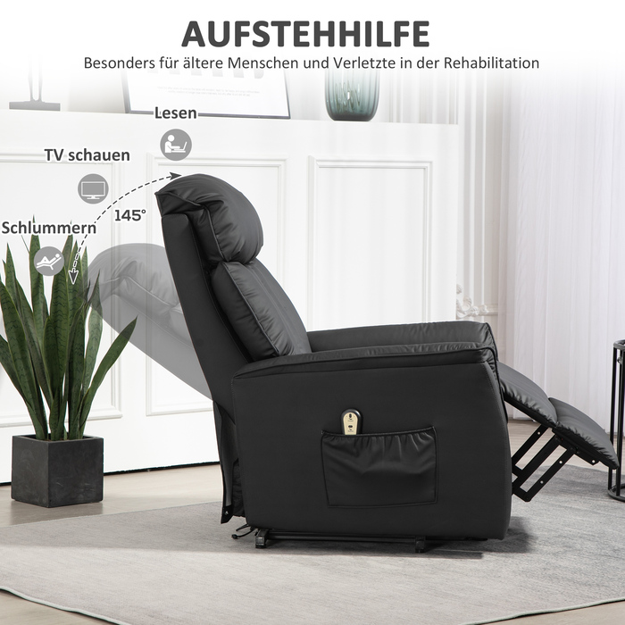 HOMCOM Electric Recliner TV Chair with Lift Assistance, Reclining Function, Massage Chair with Footrest, Side Pocket, Remote Control, for Living Room, up to 150 kg, Faux Leather, Black | Aosom