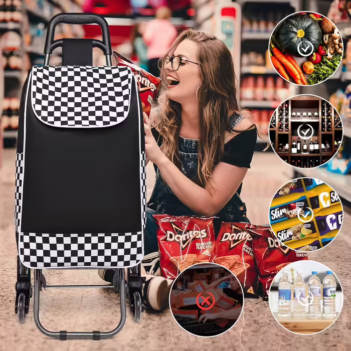 This shopping trolley shopping cart is a stable trolley with a foldable 2-in-1 design and a detachable bag with 3 noiseless wheels (Black - update).