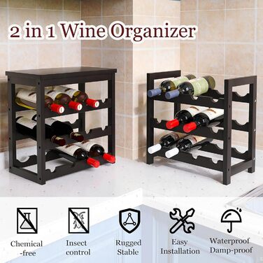 24-Bottle Wine Rack Freestanding Floor, 6-Tier Wine Display Storage Shelves with Tabletop, Bamboo Wine Bottle Holder Stand with Wave Bars for Kitchen, Dining Room, Pantry, Black
