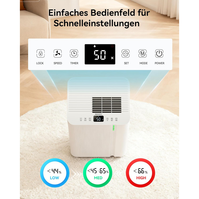EUHOMY 20L Електричний Відбійник Повітря для Квартири/Будинку, для Підвалу 150м³/50м², Тихий та Економний, з Автоматичним Відтаненням, Шлангом, Фільтром, Таймером, 20л/день