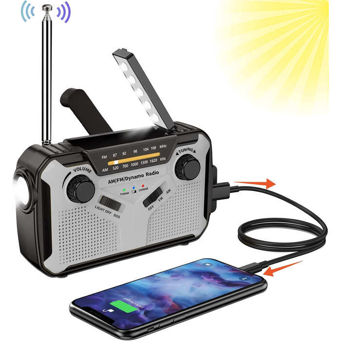 Радіо Solar Radio AM/FM портативне, з ручним генератором, аварійне радіо з акумулятором 4000mAh, ліхтарик, SOS-сигнал для кемпінгу, відпочинку на природі та надзвичайних ситуацій (сірий)