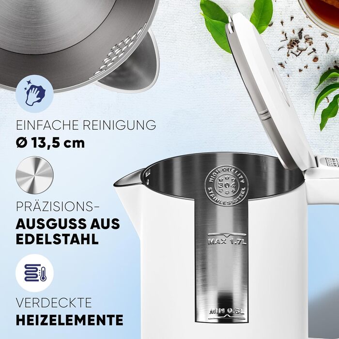 Stillstern Kettle with Temperature Setting [1.7L | 40-55-70-85-100°C], 12 Hour Keep Warm, Precision Stainless Steel Spout, Anti-Fingerprint, Fast Heating [2200W], Quiet, Stable Base (White)