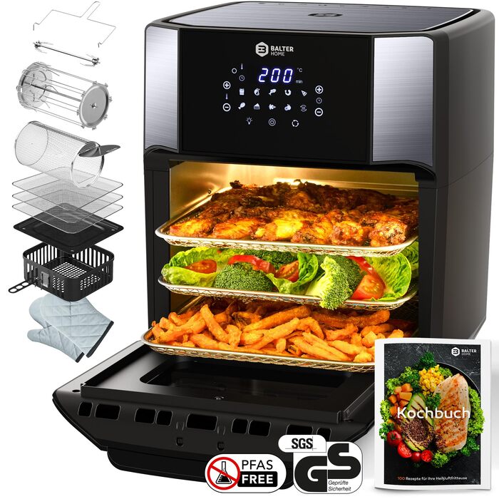 Мультипечі Airfryer Balter HL-1200 XXL: аерофритюрниця, міні-духовка та дегідратор 12л, 10 програм, чорна