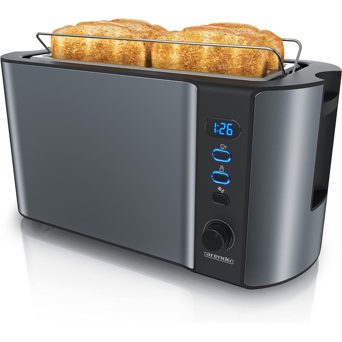 Arendo - Stainless Steel 4-Slice Long Slot Toaster, Defrost, Heat-Insulating Housing, with Integrated Bun Tray, 1500W, Crumb Tray, Display, Cool Grey A: Cool Grey