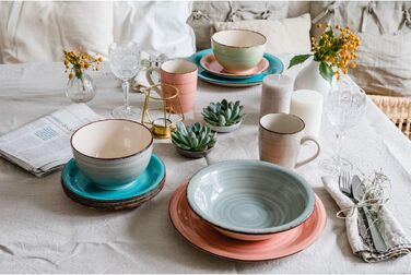 MÄSER 931875 Bel Tempo II, 18-piece tableware set for 6 people with a modern vintage look, hand-painted ceramic tableware, stoneware, smoky blue
