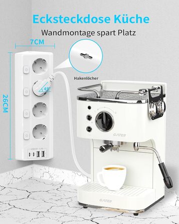 Многофункціональна мережева розетка з USB-C та захистом від перенапруги, 6 розеток, 2м кабель, 4000W, 16A, для кухні, дому, офісу (білий)