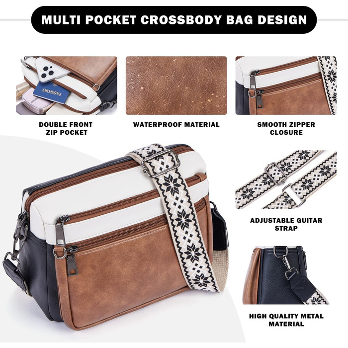 Сумка жіноча через плече MUIIKOLA середнього розміру, екошкіра, м'який широкий ремінь (чорно-бежево-коричнева)