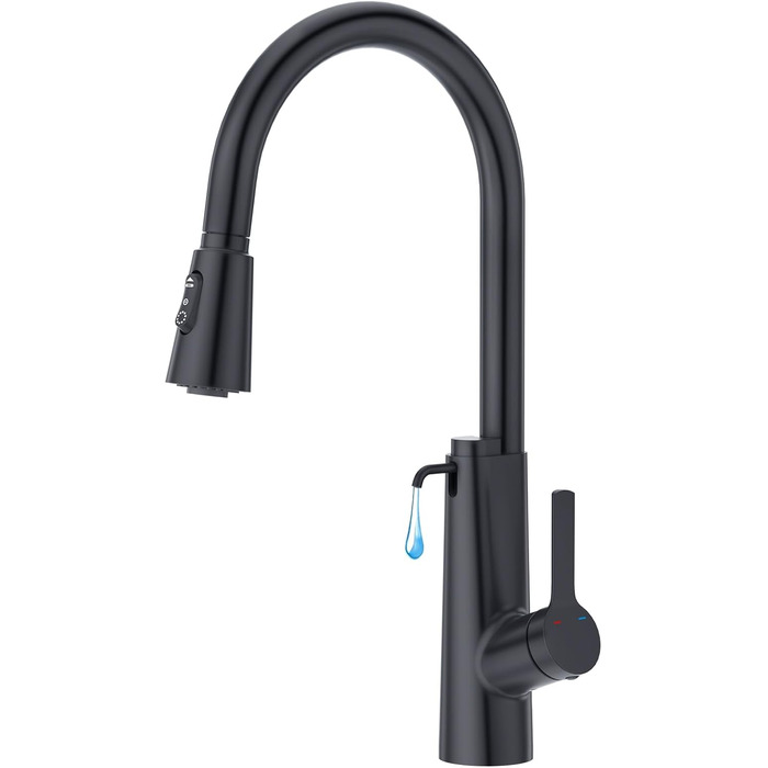 Кран кухонний CREA Wasserfall висувний з дозатором мила, нержавіюча сталь, 360° оберт, 4 режими, матовий чорний