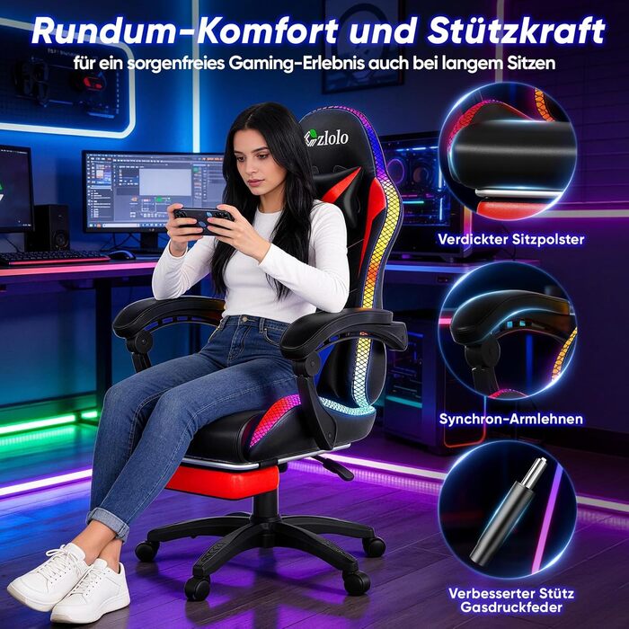 Геймерське крісло Czlolo RGB LED з підставкою для ніг, ергономічне, для дорослих та дітей, блакитне