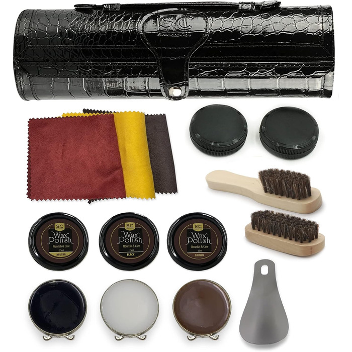 Stone & Clark 12-Piece Leather Shoe Cream & Care Set with Brown Wax, Shoe Brushes for Polishing, Compact Shoe Shine Kit with Horsehair Brushes & PU (Structured Black Kit)