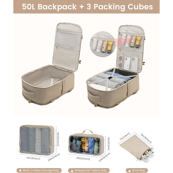 Рюкзак LOVEVOOK для ручної поклажі в літак, 40L, жіночий, водонепроникний, з відділенням для ноутбука 17 дюймів, для подорожей, роботи, хайкінгу, оливково-бежевий