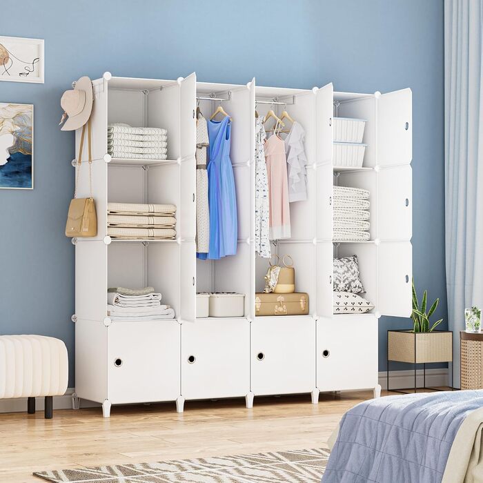 HOMIDEC Wardrobe, Portable Shelving System, 20 Cube Closet Made of Plastic with 2 Clothes Rails, Bedroom Wardrobe Closet White for Bedroom, 180 x 142 x 45cm (16 cube, All White)