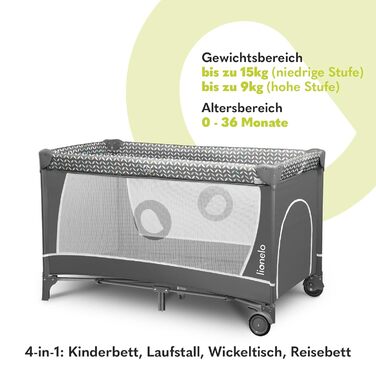 Lionelo Flower 4in1 Travel Cot Baby, Playard Baby with Side Entrance, Changing Table, Two Mattress Suspension Heights, Play Arch with Figures, Wheels, Carry Bag 1 Piece (1-Pack) Grey