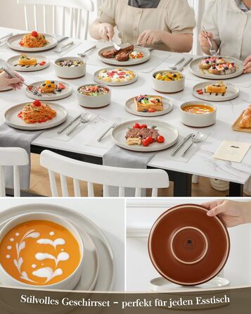 MALACASA Набір посуду з каменю 18 предметів для 6 осіб, керамічний сервіз з глазур'ю Сезам, набір тарілок та мисок, білий з коричневою основою, білий