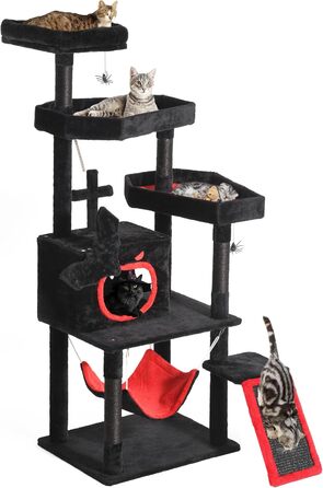 Кігтеточка YITAHOME Готичний XL, 160 см, велика та стійка, з 4 колонами з сизалю, 1 дощечкою для шліфування, гамаком, 2 підвісними кулями-павуками, платформами для сну, чорна, 48 x 60 x 160 см