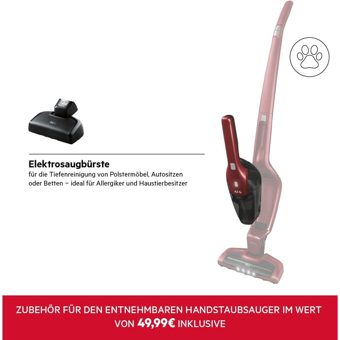 AEG Ergorapido CX7-2-45AN: Бездротовий пилосос 2-в-1, без мішка, з насадкою для шерсті тварин, 45 хв роботи, LED, червоний