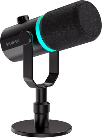 FEELWORLD PM1 Динамічний мікрофон XLR/USB з RGB-підсвічуванням для запису подкастів, геймінгу та YouTube. Комплект з підсвічуванням, навушником, підставкою та XLR-кабелем