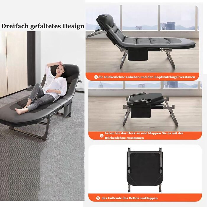 Розкладне ліжко-крісло для кемпінгу та відпочинку: ліжко-крісло, карпове ліжко, гостьове ліжко (чорне)