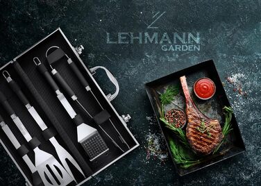 Набір гриль-посуду Lehmann з нержавіючої сталі в кейсі | Комплект аксесуарів для гриля з лопаткою, виделкою та щипцями | Ідеальний подарунок для чоловіків та жінок