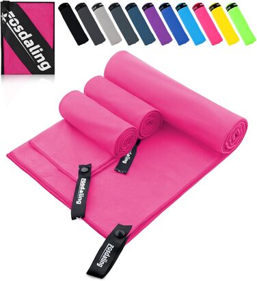 Набір з 3 рушників з мікрофібри: великий 180x90 см та 2 маленькі 80x40 см. Швидковисихаючі спортивні рушники з мікрофібри для подорожей, душу, фітнесу, спорту та пляжу (рожевий)