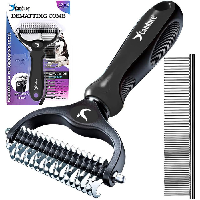 Професійна щітка Candure для собак та котів з довгим волоссям, гребінець для грумінгу, 17+9 зубців, видаляє ковтуни та шерсть (Блакитний/Чорний)