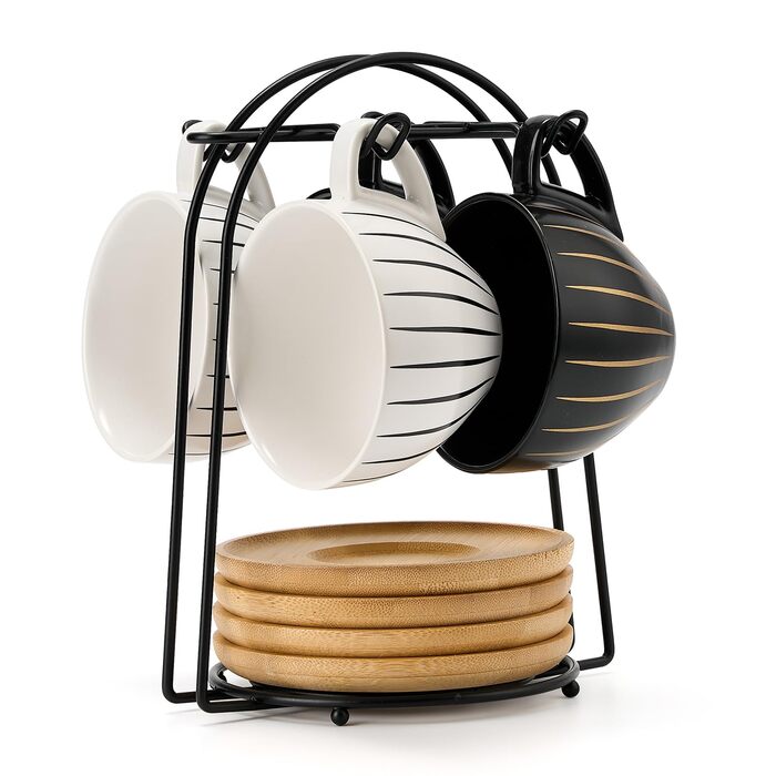 Набір керамічних кавових чашок LUKA з підставками та металевим тримачем (6 шт.), 118 мл, порцелянові демітас для еспресо, лате, кави, мокко, чаю, в смугастих кольорах білий та чорний