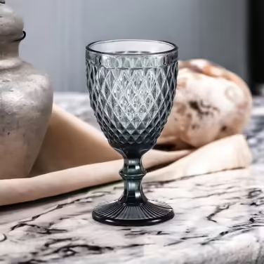 Vintage 6-piece set of colored wine glasses and tumblers with diamond pattern (Netz Gray wine glass), highball glasses, cocktail glasses with embossing, glass, tumbler, wine glass, water glass, goblet
