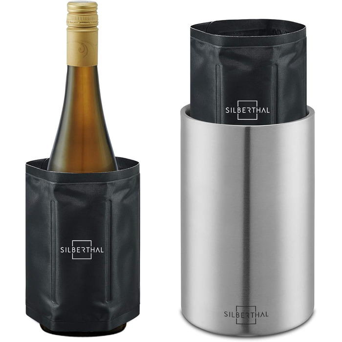 SILBERTHAL Wine Cooler Stainless Steel Double-Walled with 2 Cooling Packs - Active Cooling with Cooling Sleeves - Ideal for White Wine and Rosé
