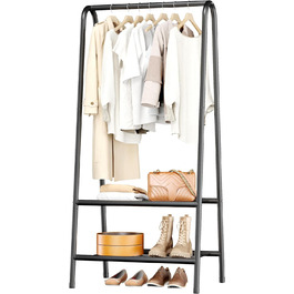 Robust metal clothes rack with double shelves for hanging clothes, freestanding and portable metal clothes rack, 62 L x 35 W x 157.5 H cm space-saving design, Gold (Black)
